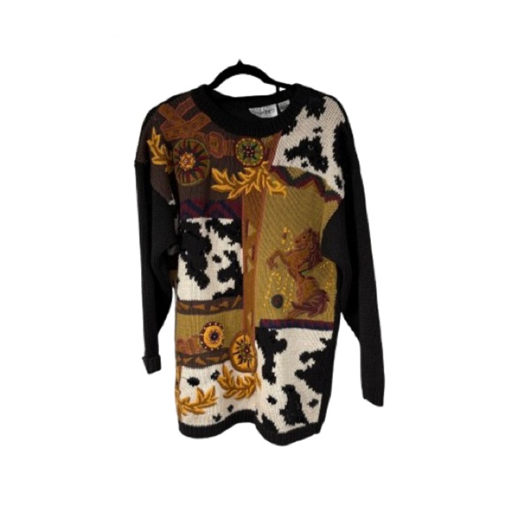 Vintage Sweater Equestrians Cow Print Horse Western Womens M